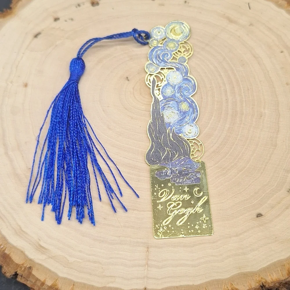 3/$15 Van Gogh Starry Night Art Metal Bookmark with Blue Tassel - Picture 1 of 4